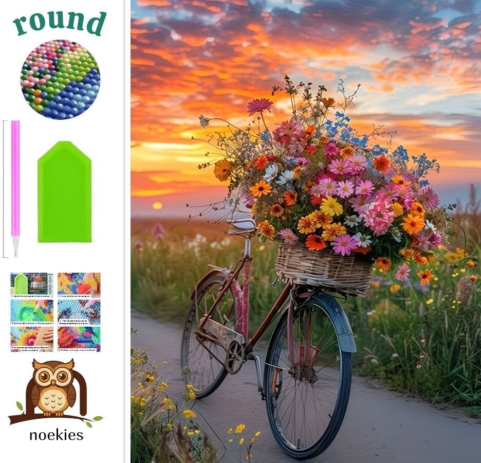nr 284 Diamond painting fiets met bloemen 40x30cm (rond)