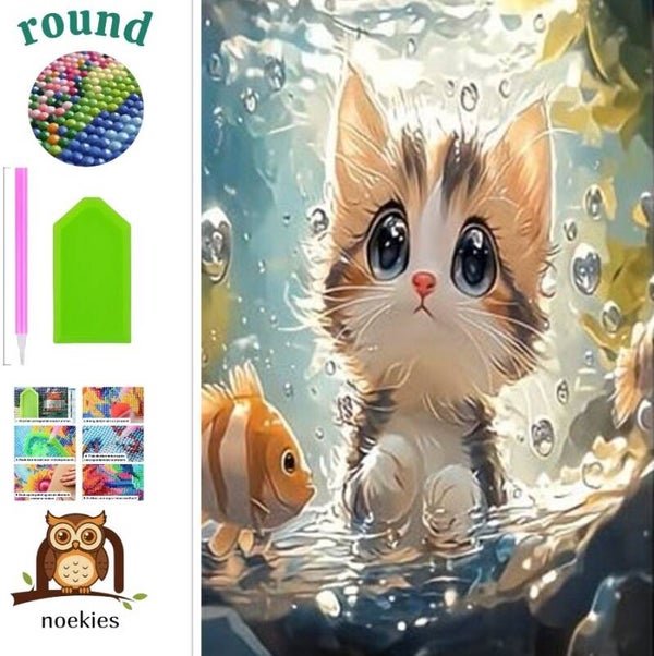 nr 655 Diamond Painting poes aquarium vis 40x30cm (rond)