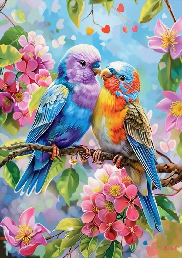 nr 144 Diamond Painting vogels bloementak 50x40cm (rond)