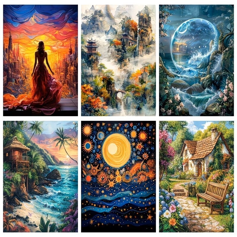 6x Diamond Paintings natuur en landschap 40x30cm (rond)