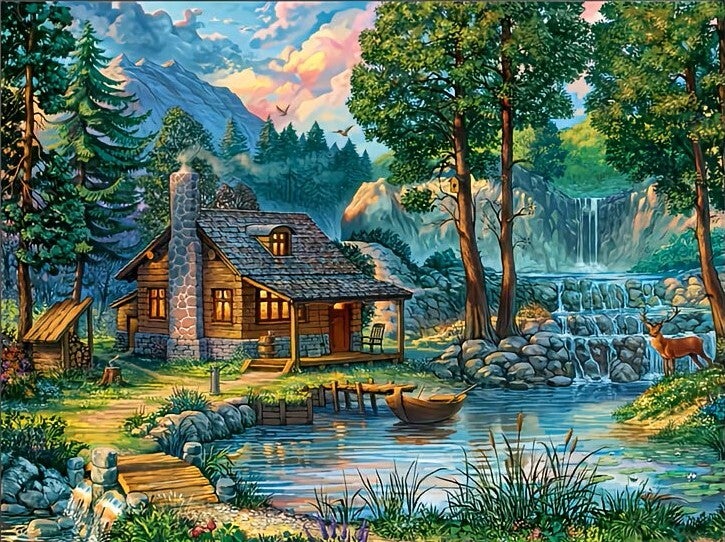 Diamond Painting Houten boshuisje 50x40cm (vierkant)