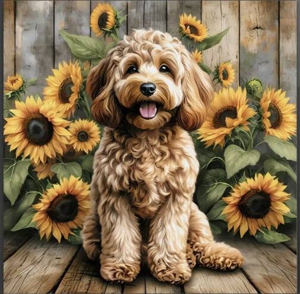 Diamond Painting hond zonnebloemen 40x30cm