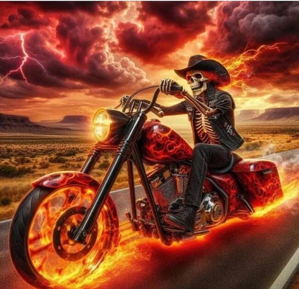 Diamond Painting motorrijder vuur 40x30cm (rond)