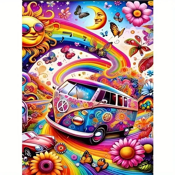 Diamond Painting fantasie muziek bus 30x20cm  (ronde steentjes)