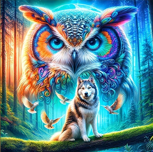 Diamond Painting wolf met uil 30x30cm