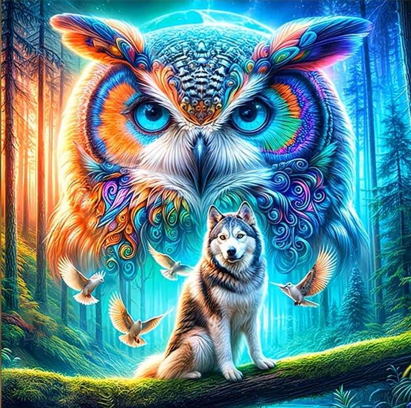 Diamond Painting wolf met uil 30x30cm