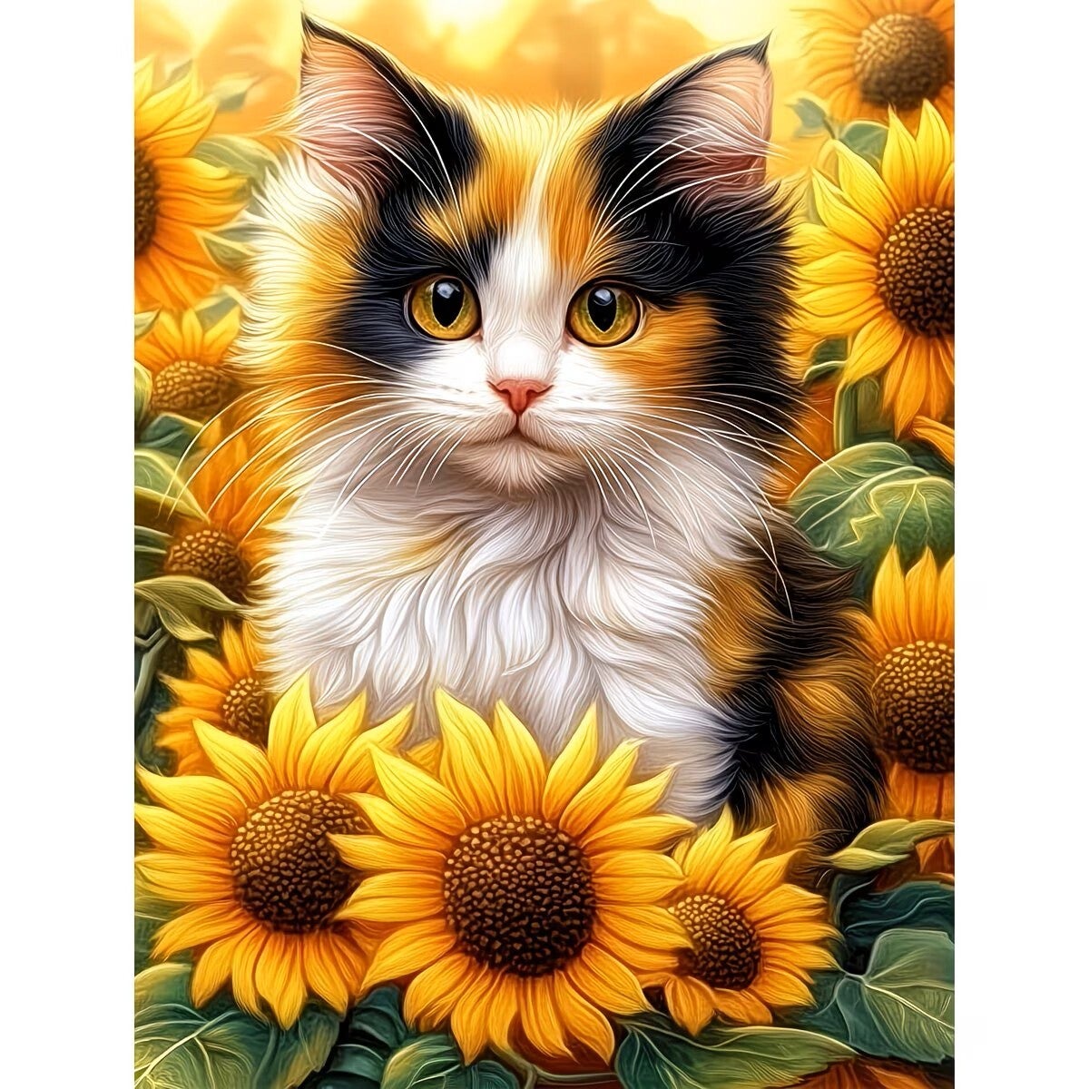 Diamond Painting poes met zonnebloemen 50x40cm (rond)
