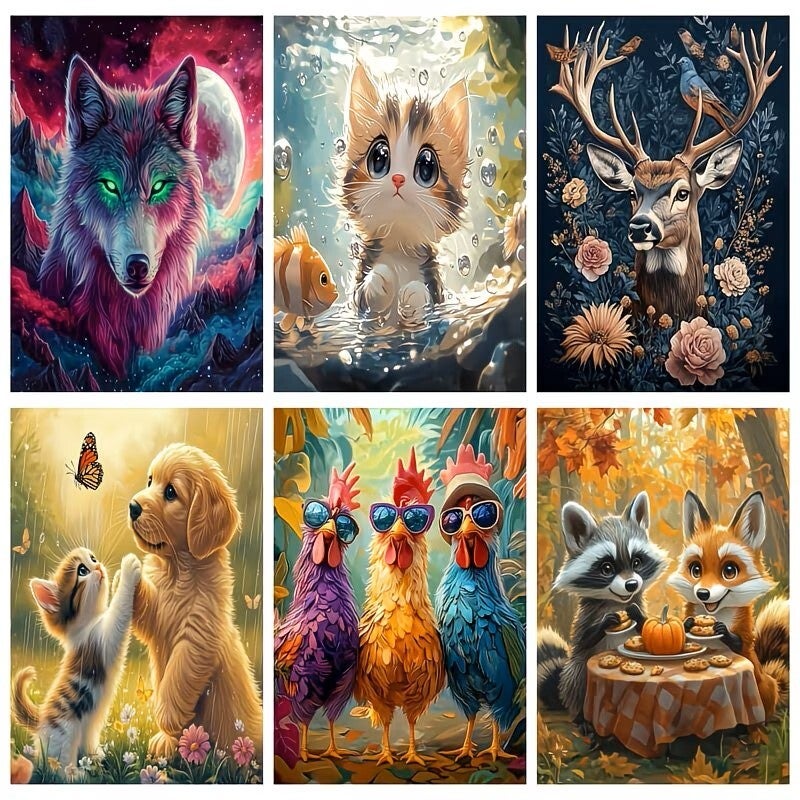 6x Diamond Paintings dieren 40x30cm (rond)