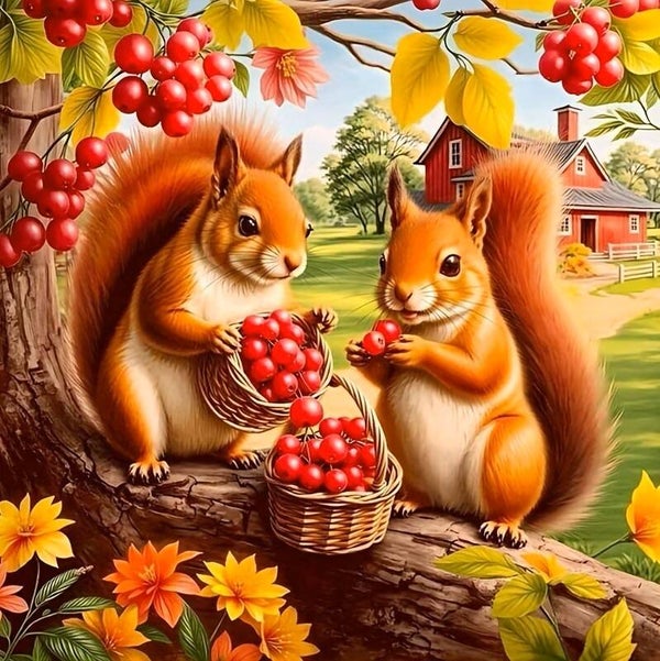 nr 309 Diamond Painting eekhoorns fruit 30x30cm
