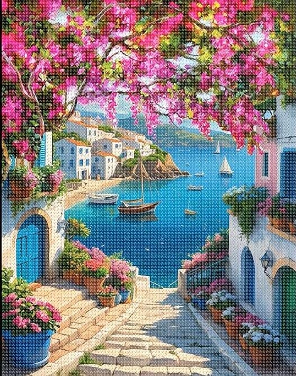 nr 276 Diamond Painting Mediteraanse kust 40x30cm (rond)