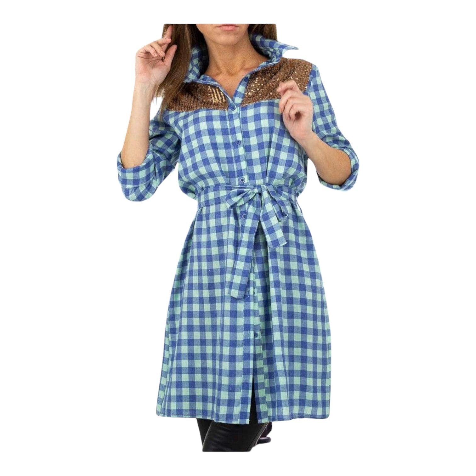 Geruite blouse glitter blauw M