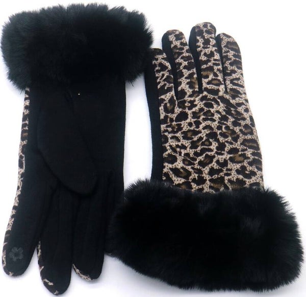 Handschoenen warm luipaard faux fur zwart one size