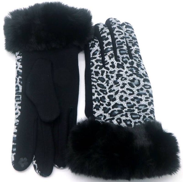 Handschoenen warm luipaard faux fur grijs one size