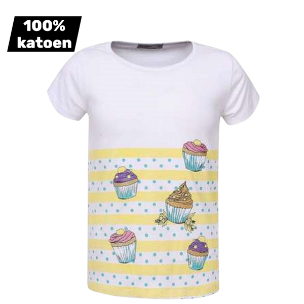 T-shirt 100% katoen cupcakes geel 104