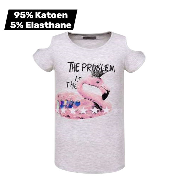 T-shirt flamingo open schouders grijs 164