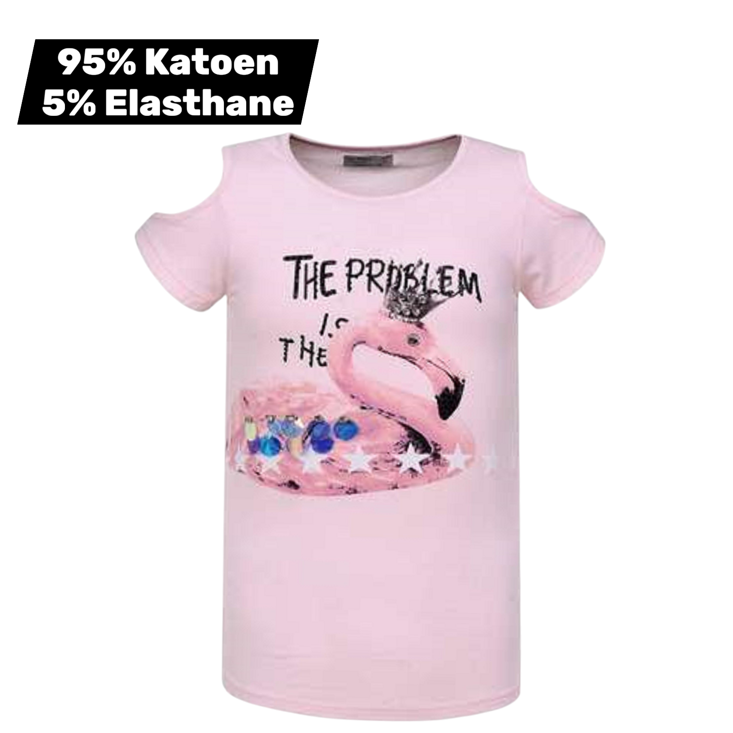 T-shirt flamingo open schouders roze 158