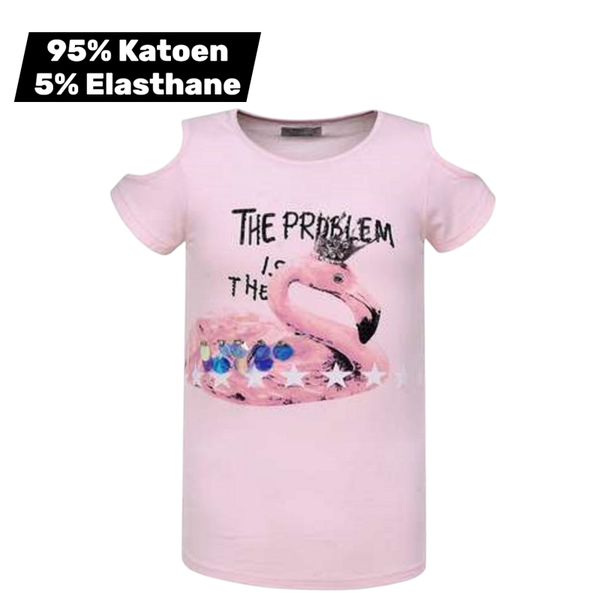 T-shirt flamingo open schouders roze 158