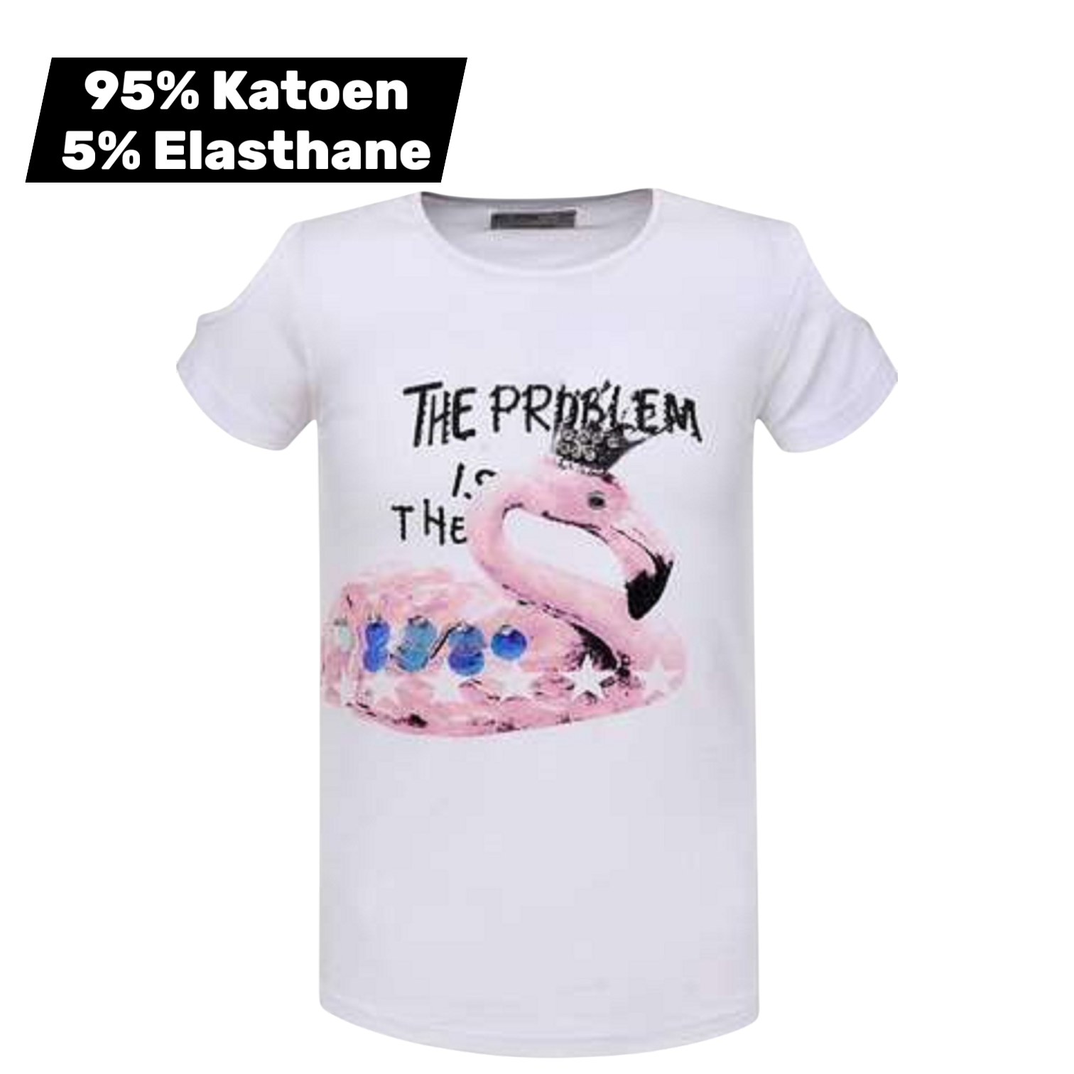 T-shirt flamingo open schouders wit 164