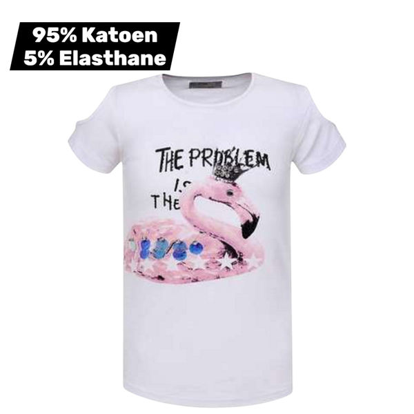 T-shirt flamingo open schouders wit 152