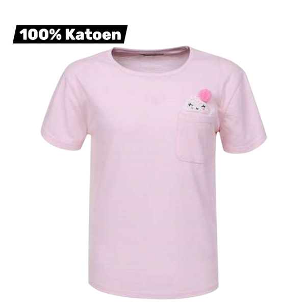 T-shirt 100% katoen gezichtje met bolletje roze 152