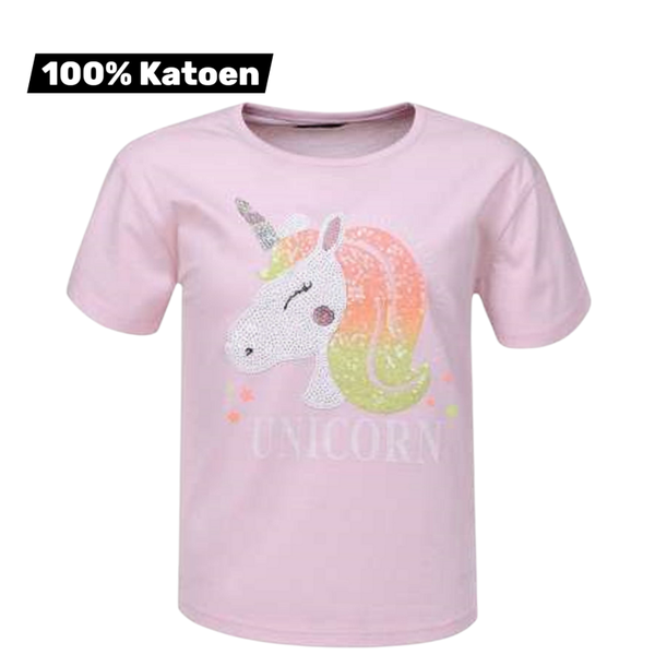 T-shirt 100% katoen lichtroze unicorn glitter lovers 164
