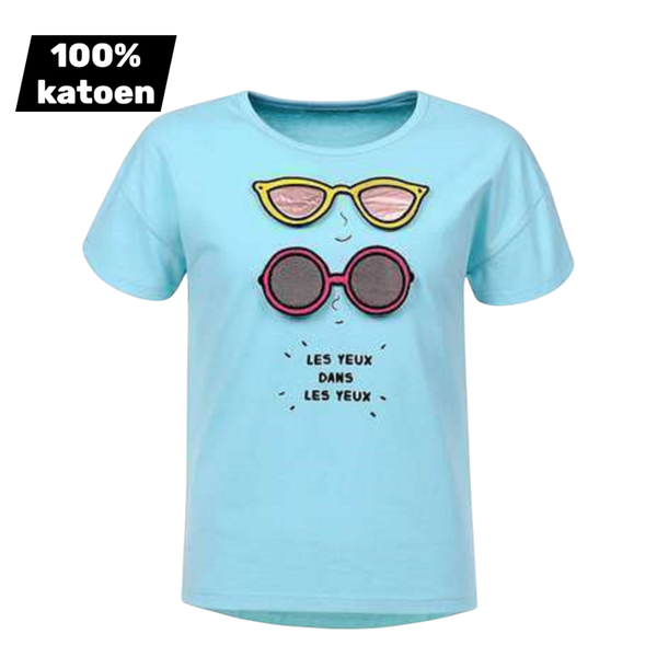 T-shirt 100% katoen blauw zonnebril 116