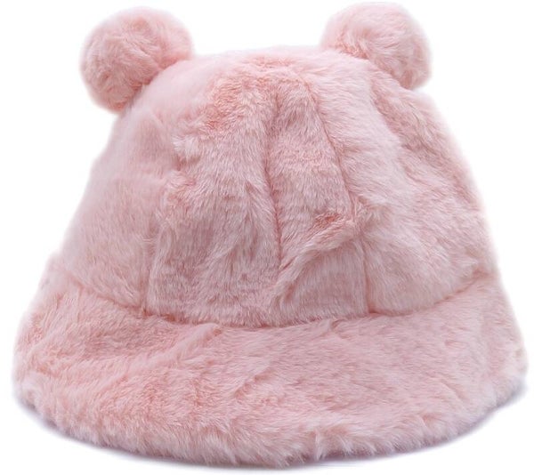 Winter hoed fluffy met oortjes roze one size