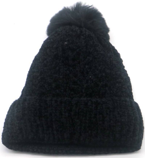 Gebreide beanie met pompon - zwarte muts - dames