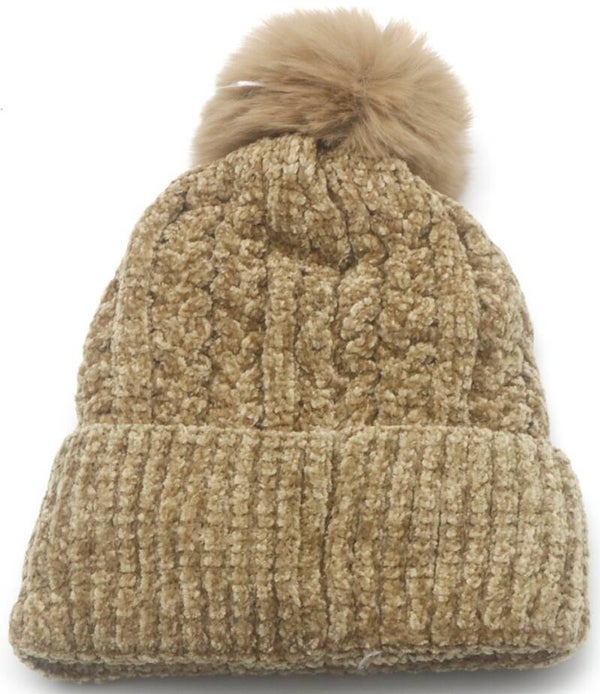 Gebreide beanie met pompon - beige muts - dames