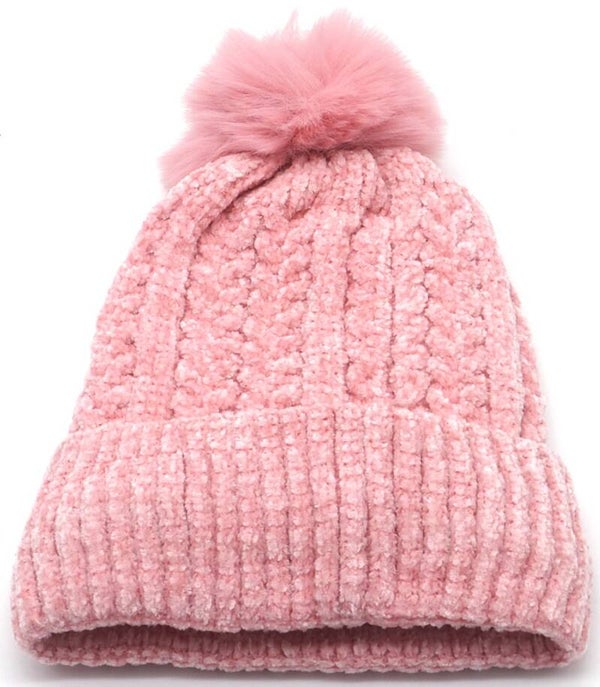 Gebreide beanie met pompon - roze muts - dames