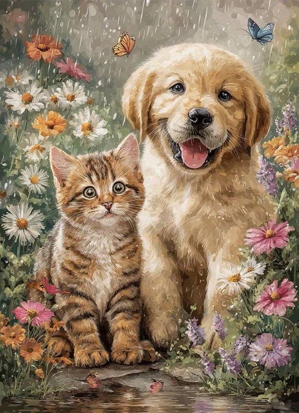 nr 654 Diamond Painting hond en poes 40x30cm (rond)