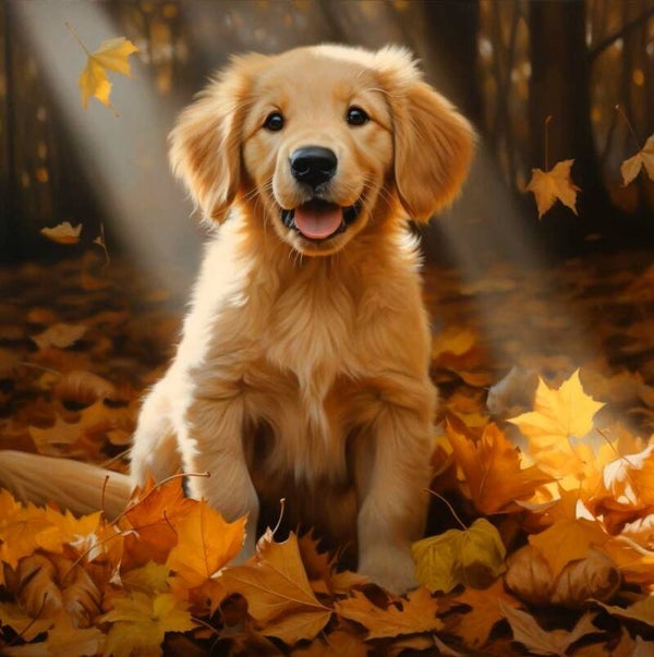 20x20cm Diamond Painting hond herfst (rond) nr 516