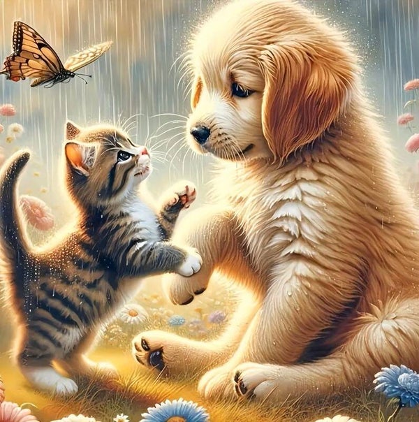 30x30cm Diamond Painting hondje poesje vlinder nr 353