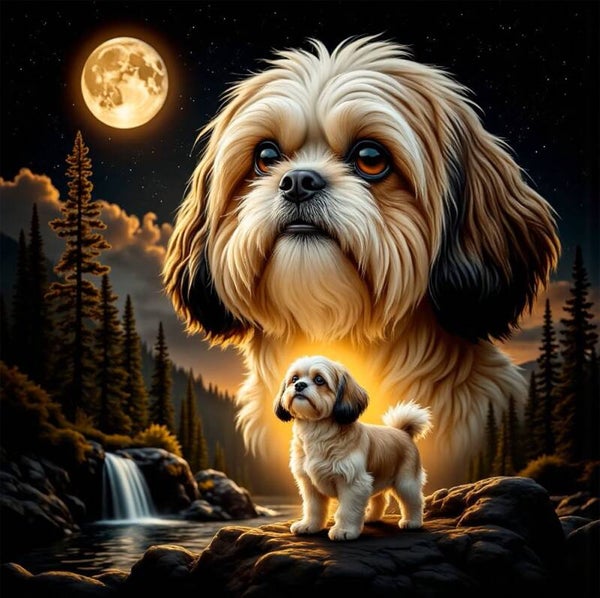 20x20cm Diamond Painting hondje waterval maanlicht nr 531