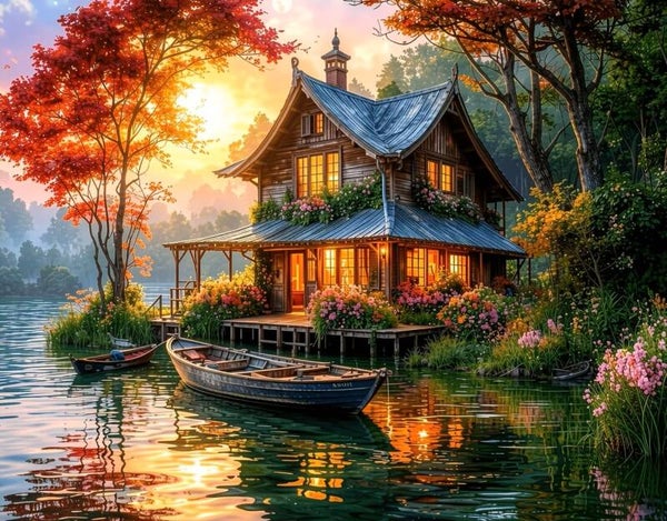50x40cm Diamond Painting huis aan het water (vierkant) nr 11