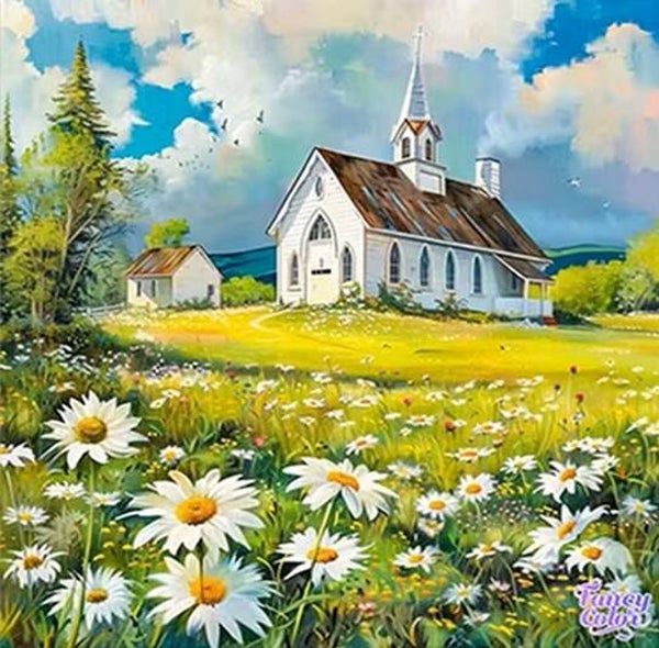nr 315 Diamond Painting kerk landschap 30x30cm