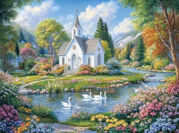 50x40cm Diamond Painting kerk zwanen (vierkant) nr 35