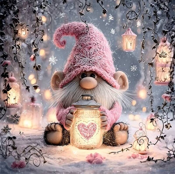 nr 620 Diamond Painting roze kabouter sneeuw 40x40cm (rond)
