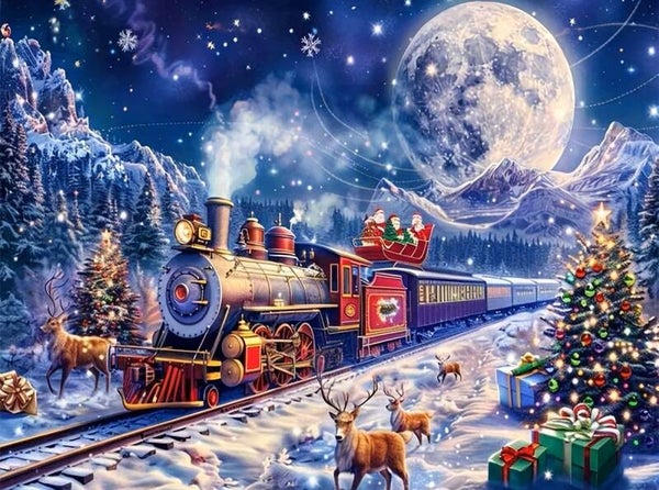 50x40cm Diamond Painting kerst trein rendieren (rond) nr 75