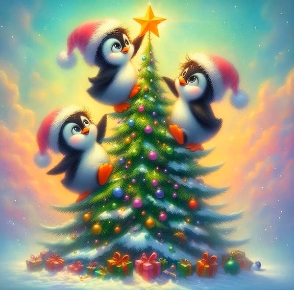 nr 331 Diamond Painting kerstboom pinguins 30x30cm