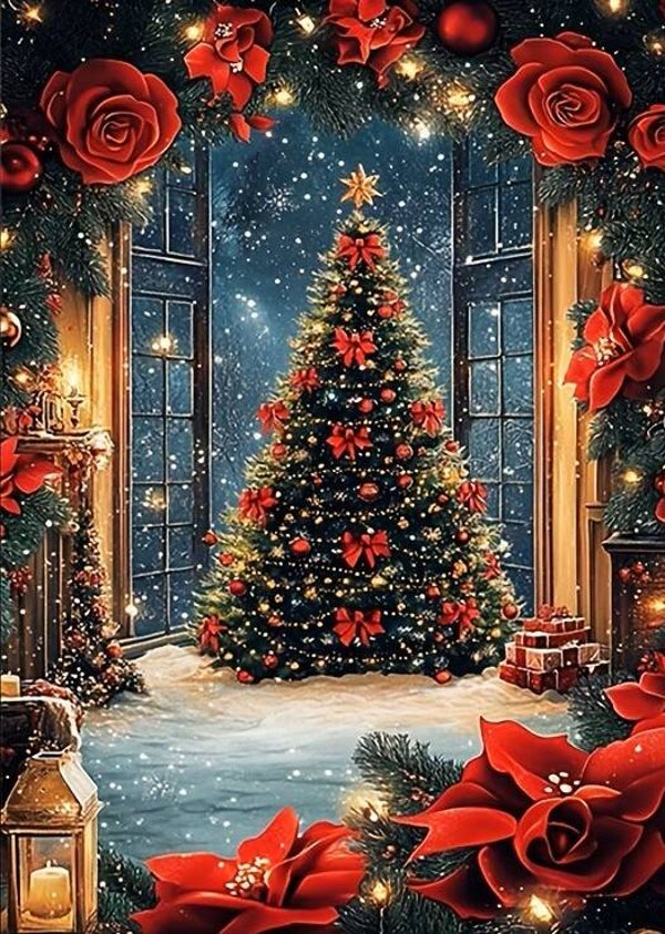 40x30cm Diamond Painting Pauwen kerstboom (rond) nr 261