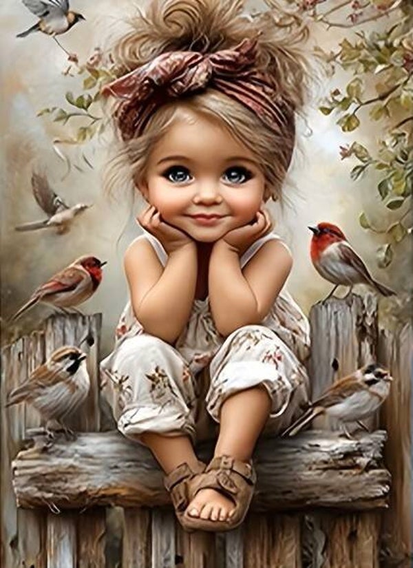 30x20cm Diamond Painting kindje met vogels nr 432