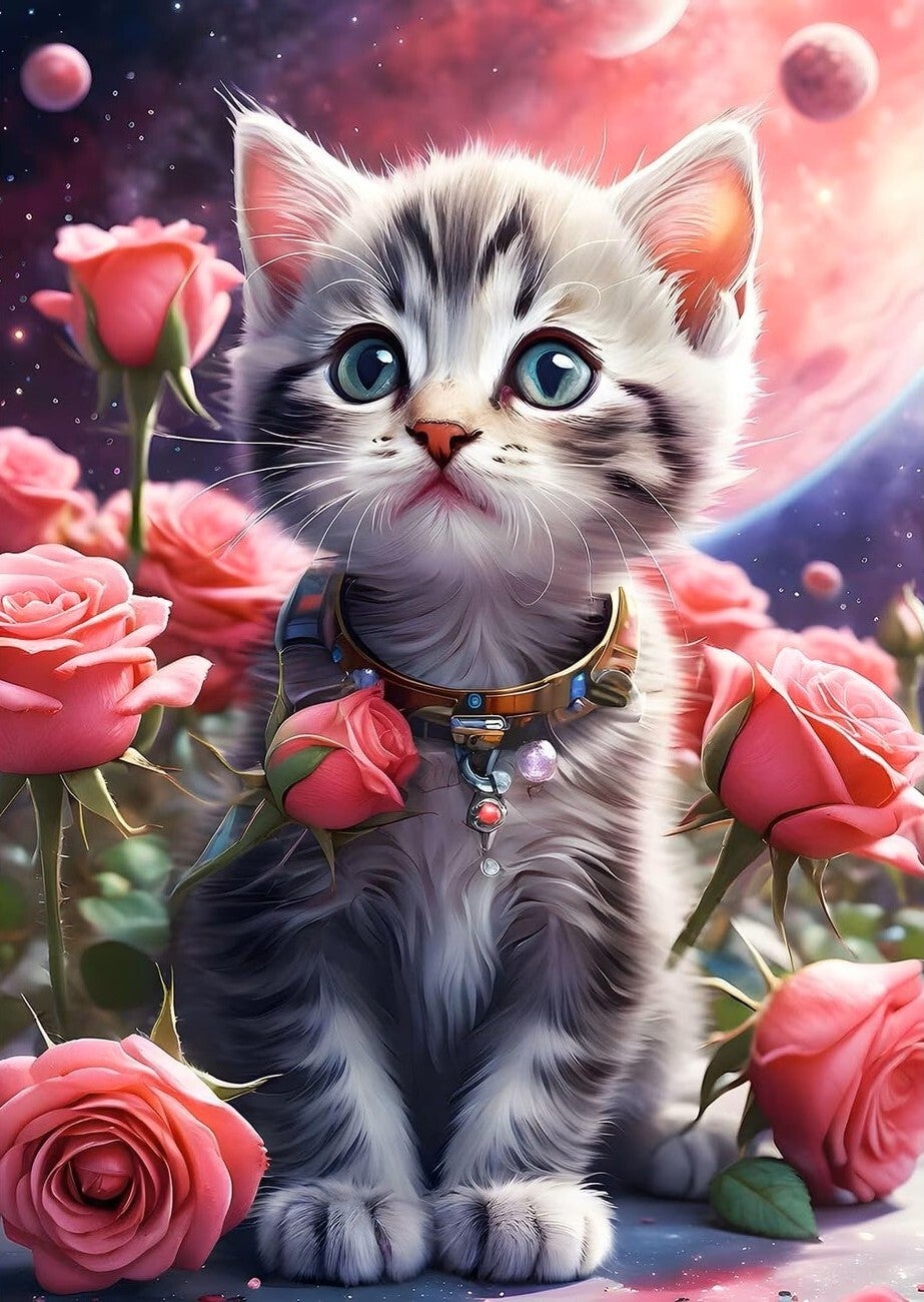 nr 395 Diamond Painting kitten met rozen 30x20cm (rond)