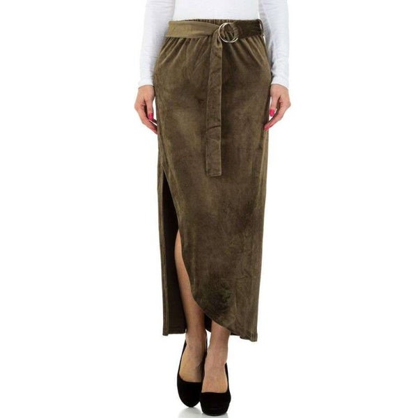 JCL lange velourse rok met split khaki bruin M/L