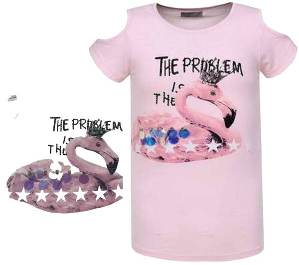 Glo-Story flamingo open schouders roze 164