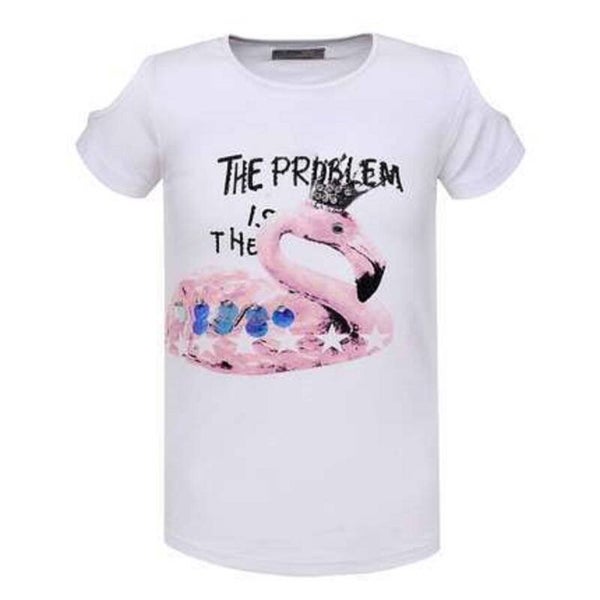 T-shirt flamingo open schouders wit 164