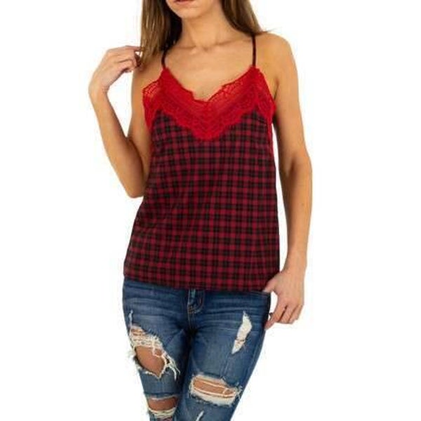 Spagetti top geblokt met kant rood M