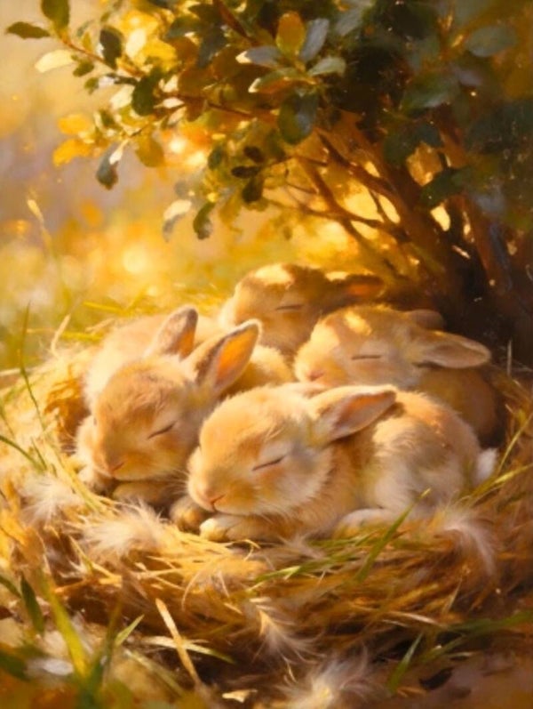 40x30cm Diamond Painting konijnen in nest (vierkant) nr 153