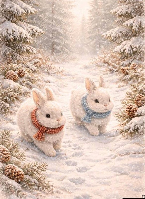 40x30cm Diamond Painting konijntjes sneeuw (rond) nr 227