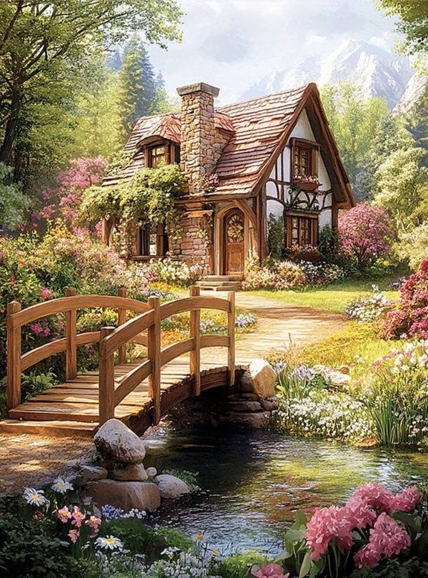 40x30cm Diamond painting landhuis bruggetje (vierkant) nr 165